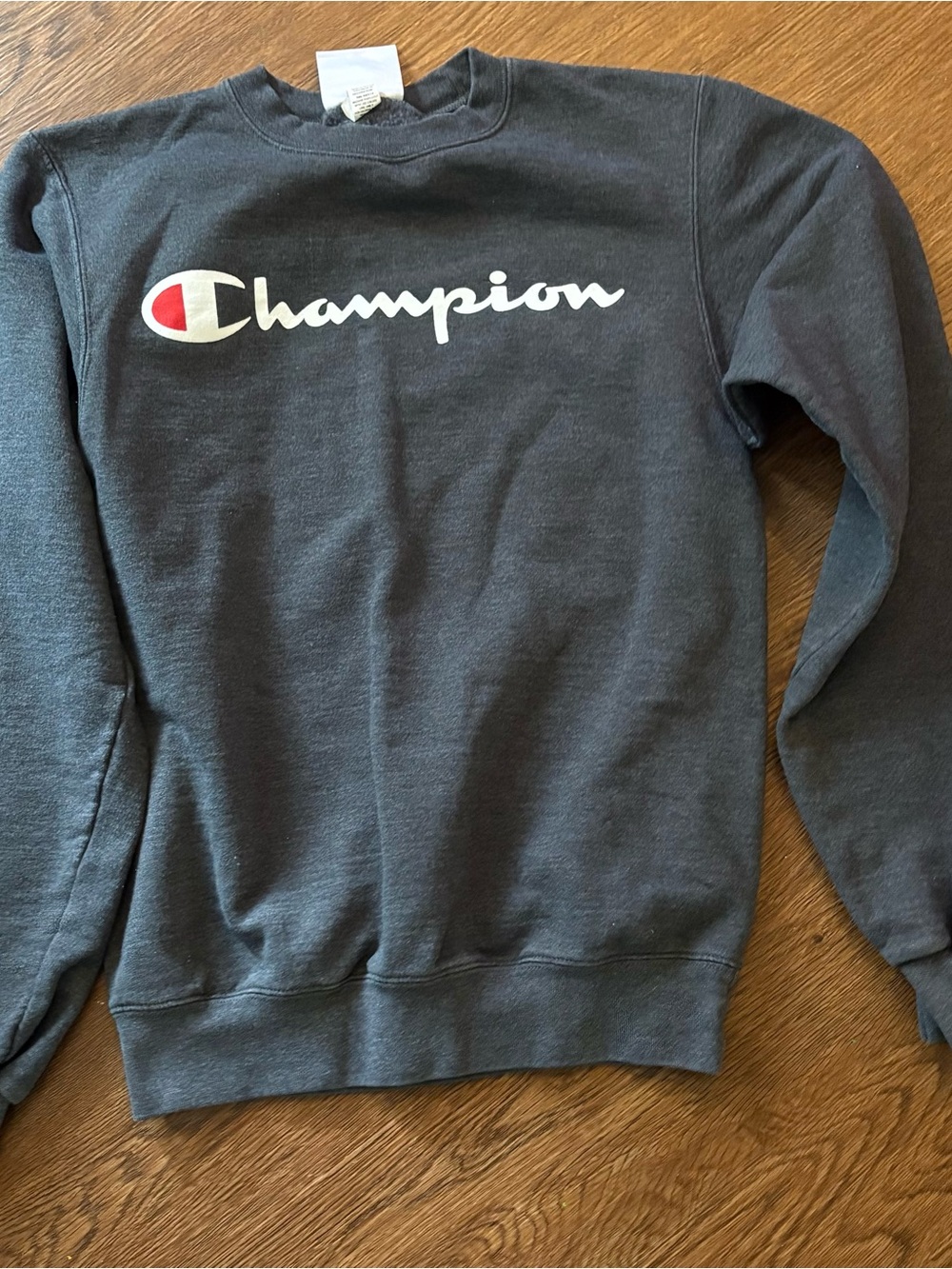 Champion Charcoal Crewneck with White Script and Red Logo Accent